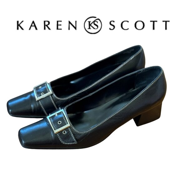 KAREN SCOTT Black Leather Buckle Square Toe Pumps 10M Classic Career Office - Picture 1 of 11